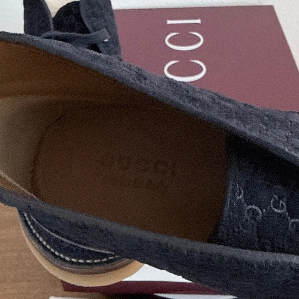 Gucci 831283 Moreau Navy Blue GG Monogram Suede Chukka Desert Boots Mens 10
